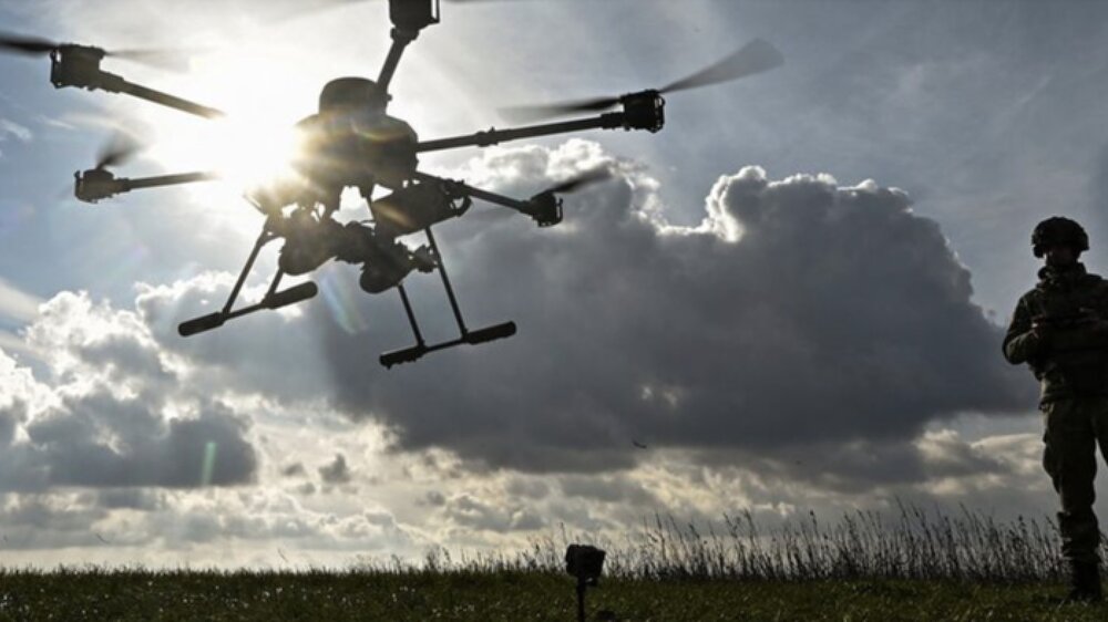 A heavy duty drone flying over Ukraine