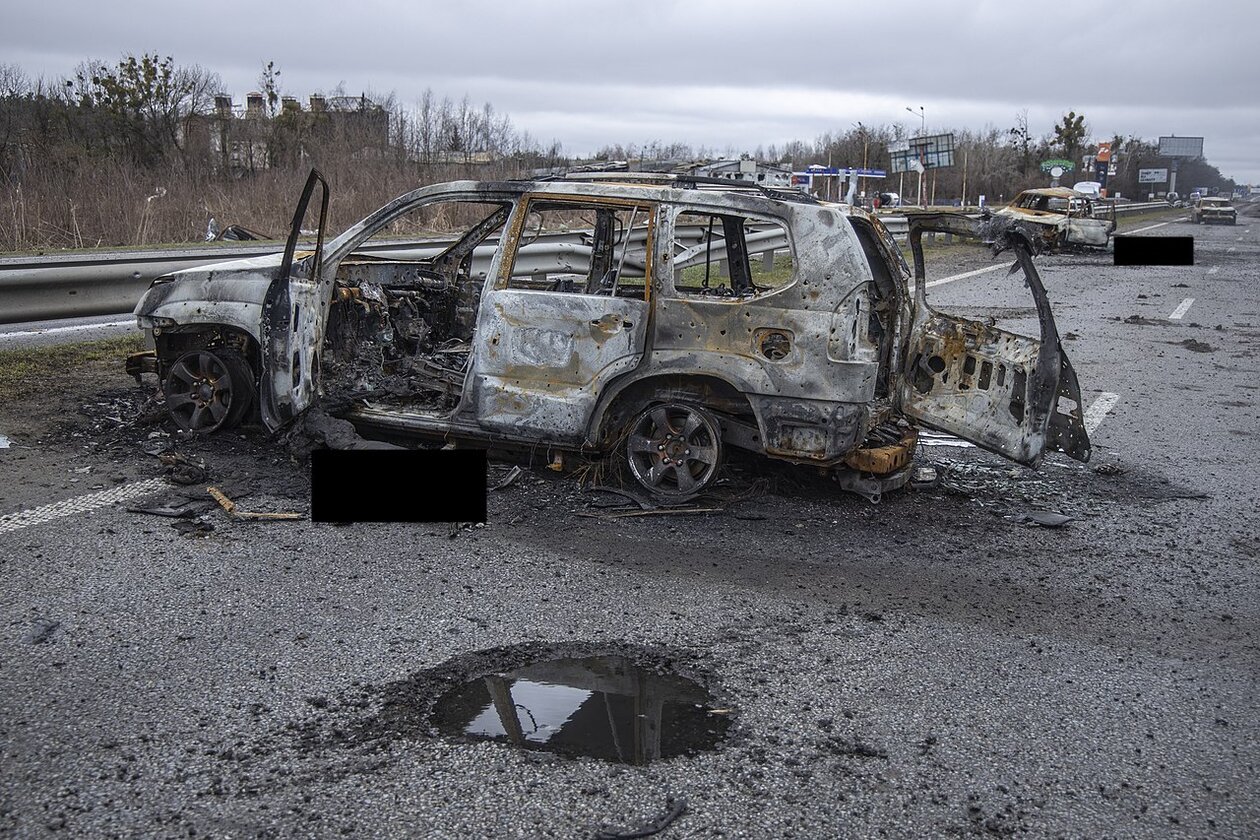 The aftermath of the Russian invasion on the M06 highway near the village of Myla, in the Bucha district