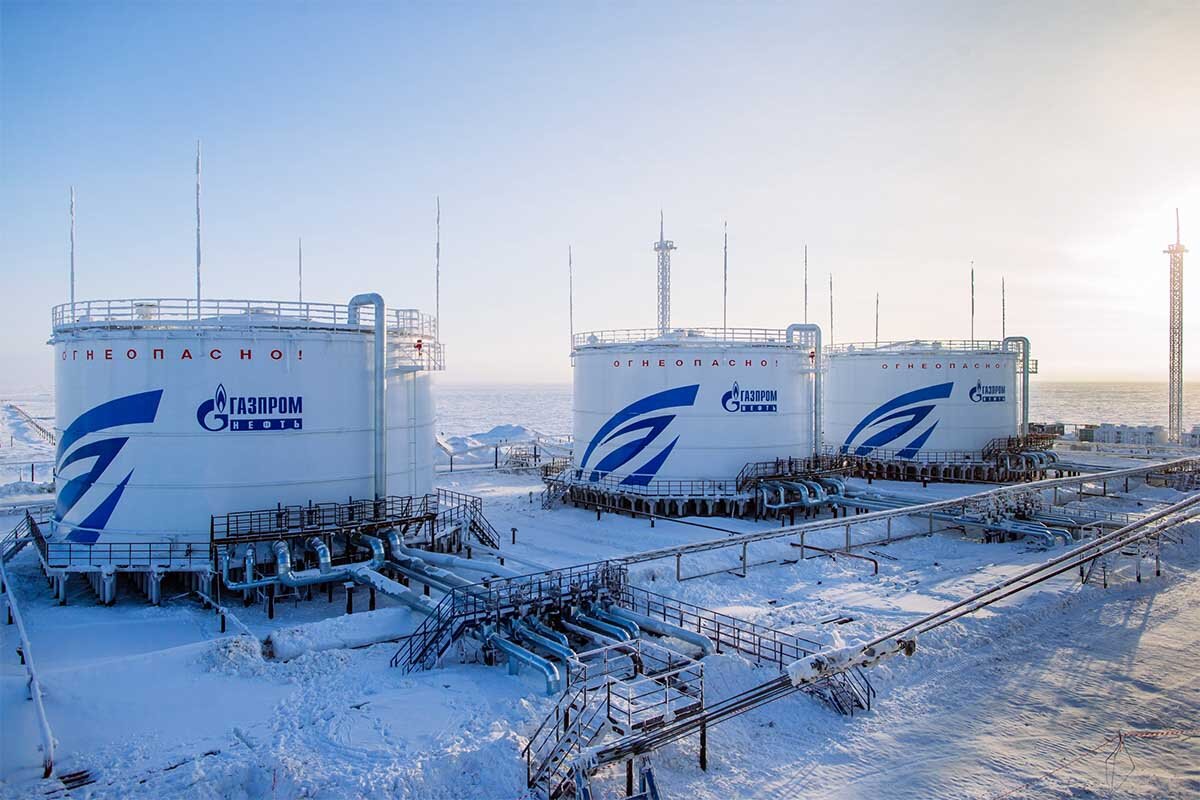 Gazprom gas holders in snow