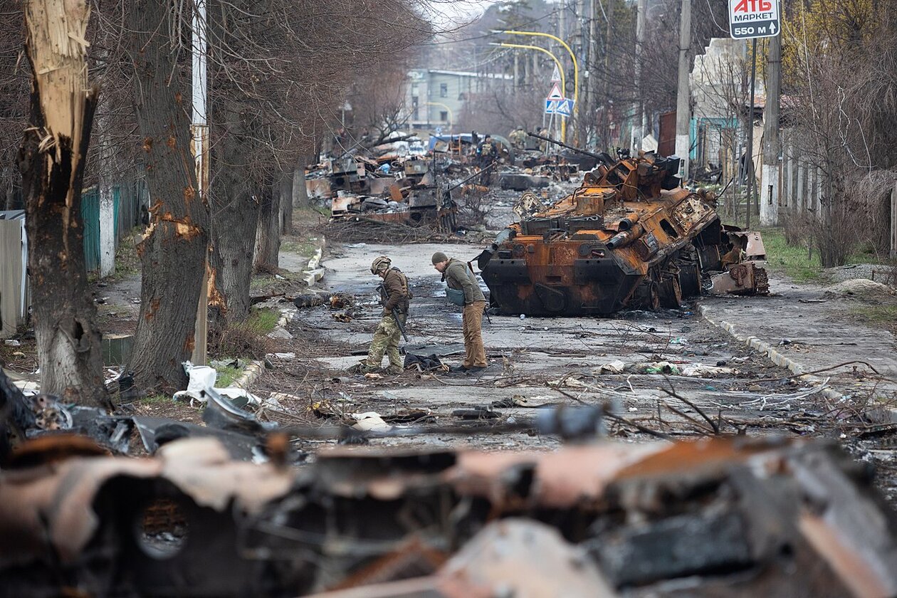 A destroyed column of Russian military vehicles in Bucha