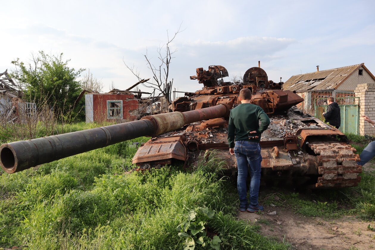 A destroyed Russian tank