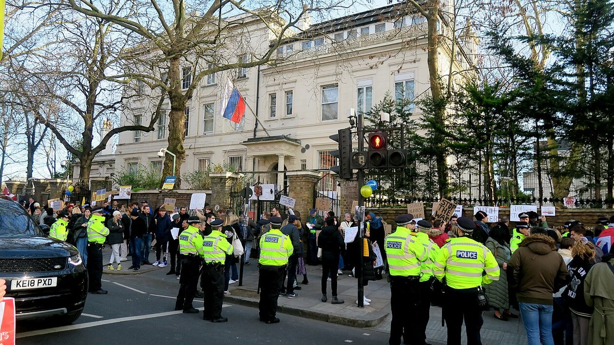 Protests in front of Russia's embassy in London