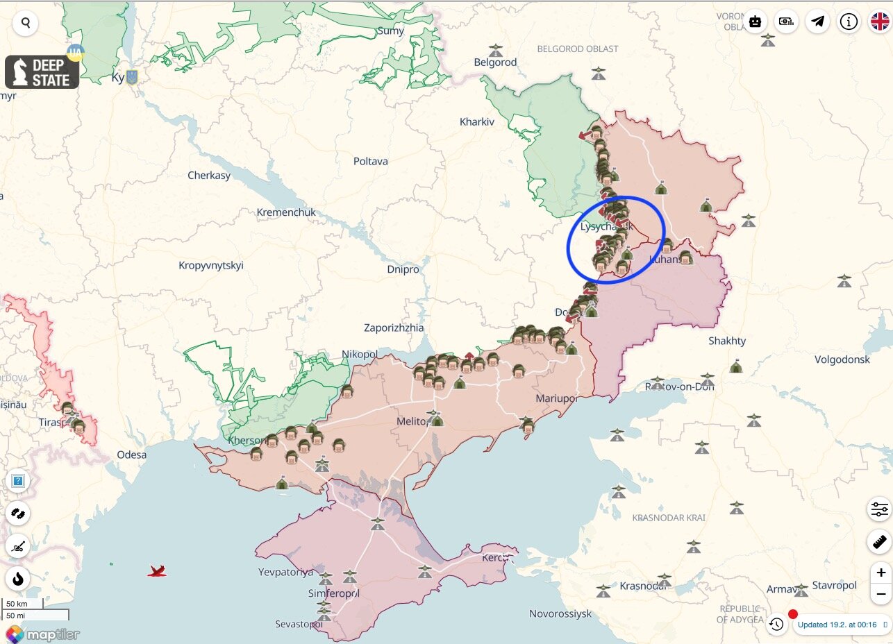 Map of Ukraine presenting the frontline